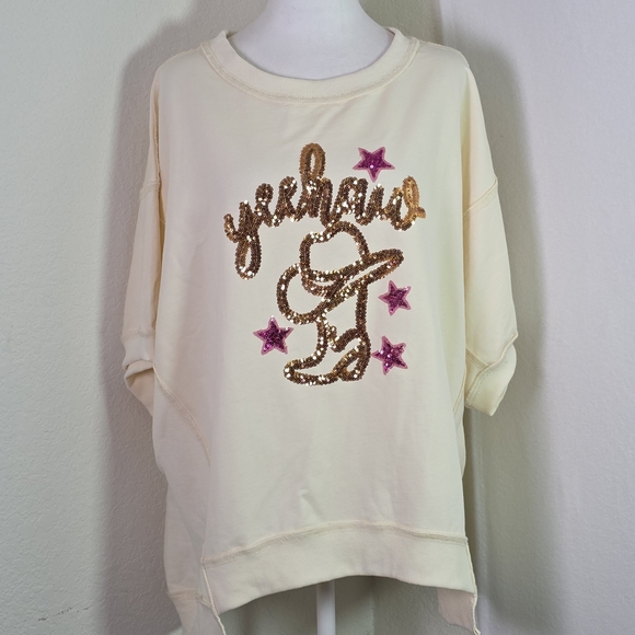 Fantastic Fawn Yeehaw Sequin Sweatshirt Western Cowgirl Pullover Size Small - Picture 1 of 12